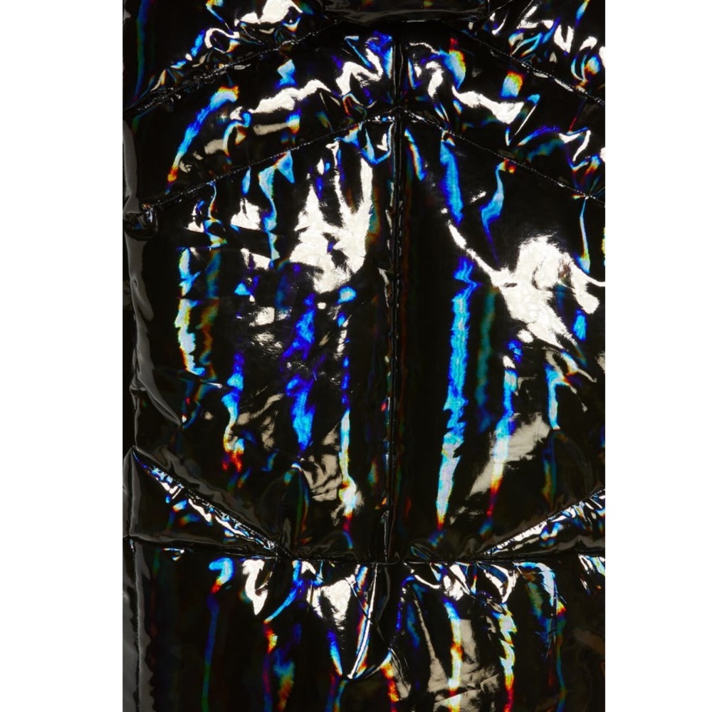 Blanc Noir Black Holographic Hooded Puffer Jacket Removable Faux Fur Hood NWT M - Picture 5 of 6